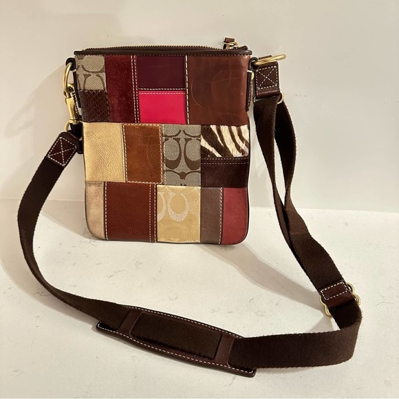 Coach Pink Brown Patchwork Leather Suede Signature Crossbody Purse Shoulder Bag - Picture 4 of 13